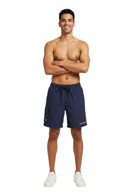 The Lifeguard Store navy blue polyester instructor board shorts with elastic waistband, drawstring, and cargo pocket.