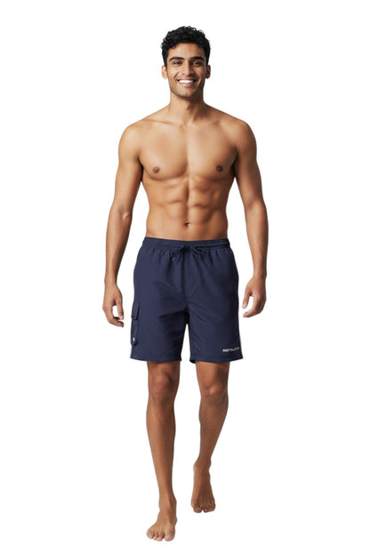 The Lifeguard Store navy blue polyester instructor board shorts with elastic waistband, drawstring, and cargo pocket.