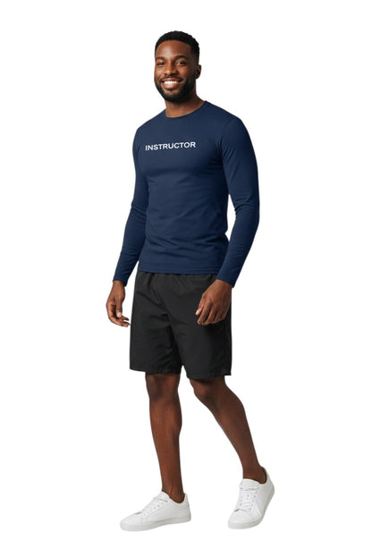The Lifeguard Store navy blue long sleeve rashguard with "INSTRUCTOR" printed in white on the chest. Made of poly-spandex blend.