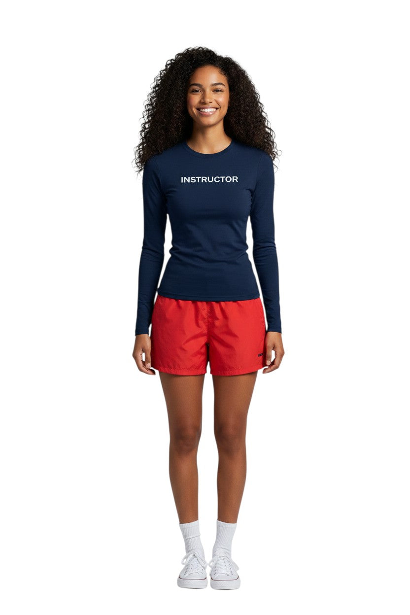 The Lifeguard Store navy blue long sleeve rashguard with "INSTRUCTOR" printed in white on the chest. Made of poly stretch fabric.