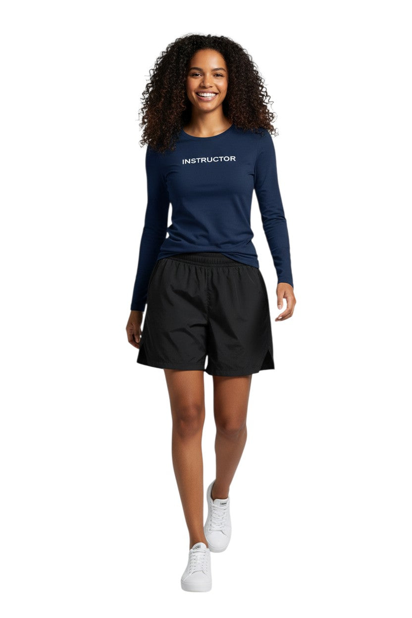 The Lifeguard Store navy blue long sleeve rashguard with "INSTRUCTOR" printed in white on the chest. Made of poly stretch fabric.