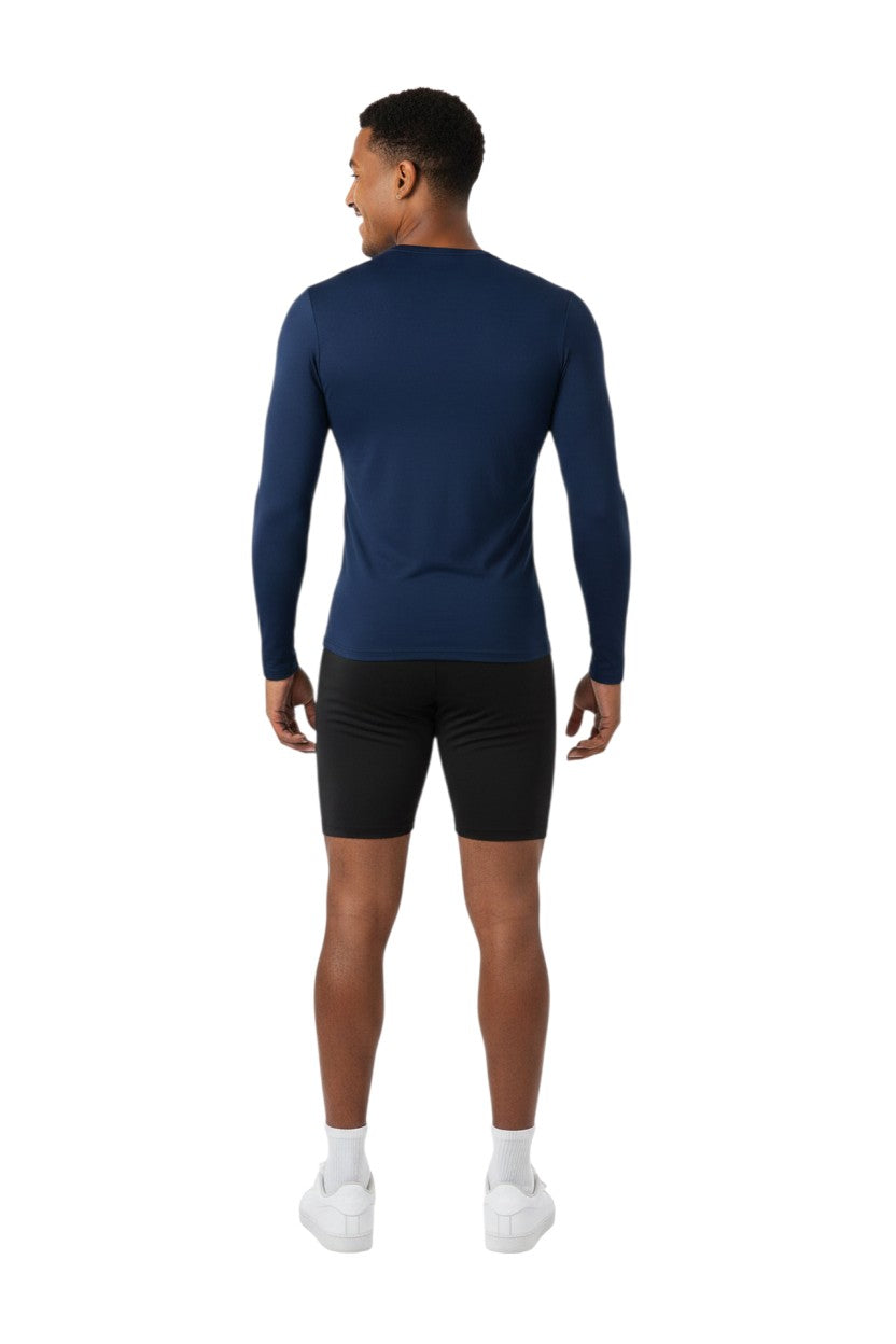 The Lifeguard Store navy blue long sleeve rashguard with white "INSTRUCTOR" graphic on chest. Made of poly-spandex blend.