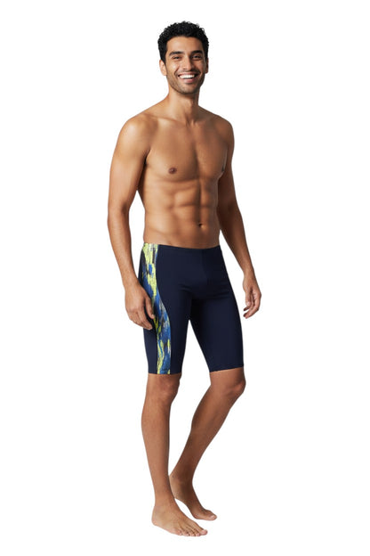The Lifeguard Store navy blue polyester-spandex jammer swimsuit with blue, yellow, and grey abstract side panel.