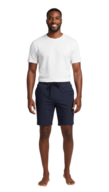 The Lifeguard Store navy blue polyester 5" inseam lifeguard shorts with liner, elastic waistband, and drawstring.