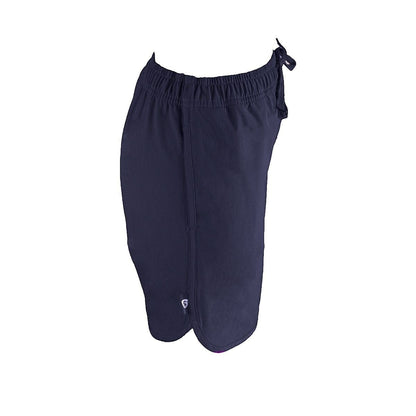 The Lifeguard Store navy blue polyester 5" inseam lifeguard shorts with liner, elastic waistband, and drawstring.