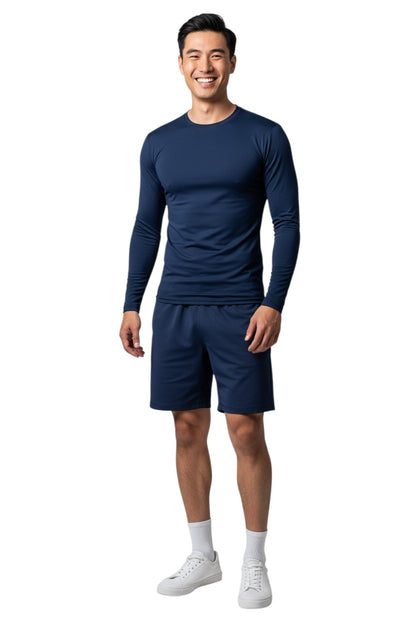 The Lifeguard Store navy blue long sleeve crewneck rashguard made of polyester and spandex with UPF50+ UV protection.