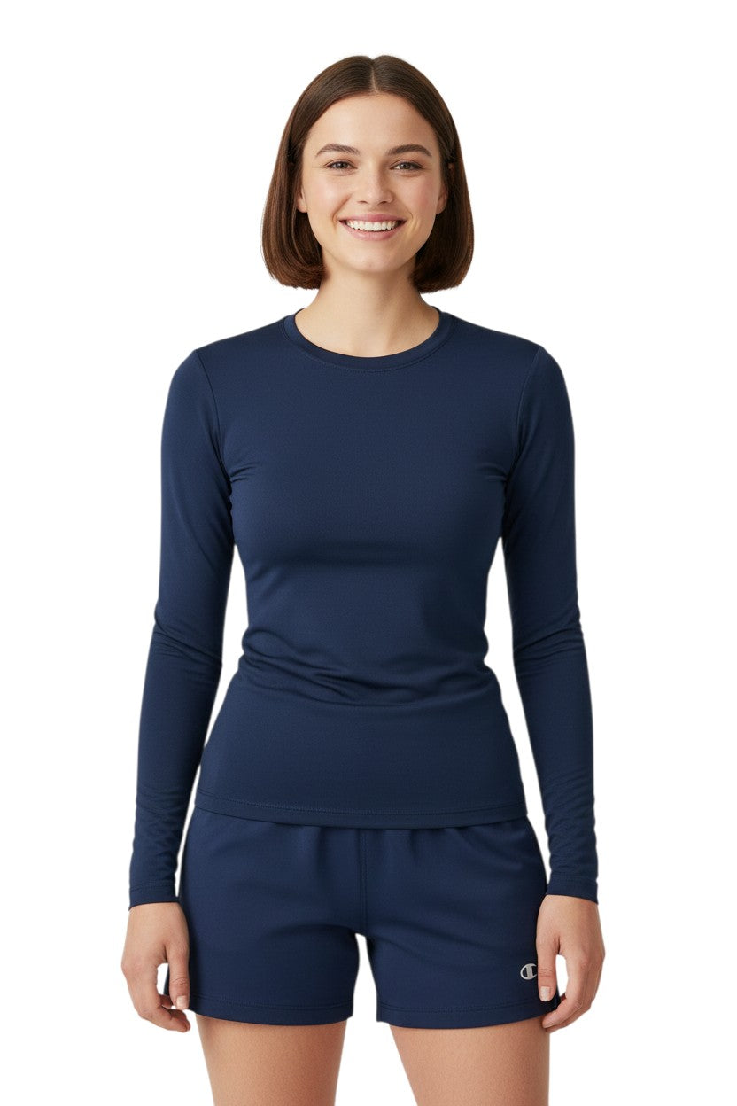 The Lifeguard Store navy blue long sleeve crewneck rashguard made of polyester and spandex with UPF50+ UV protection.