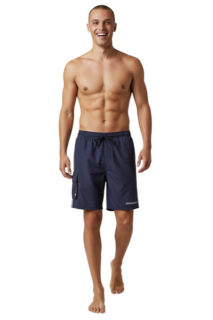 The Lifeguard Store navy blue polyester Manager board shorts with elastic waistband, drawstring, and cargo pocket.