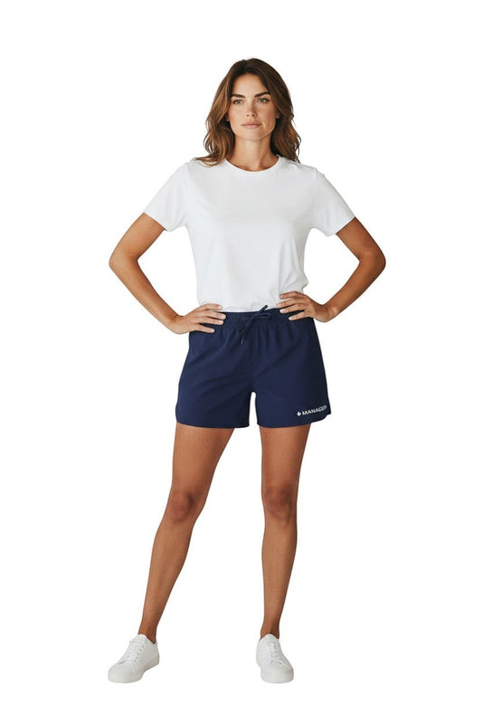 The Lifeguard Store navy blue polyester 5" shorts with drawstring waist and "+ MANAGER" logo on the left leg.