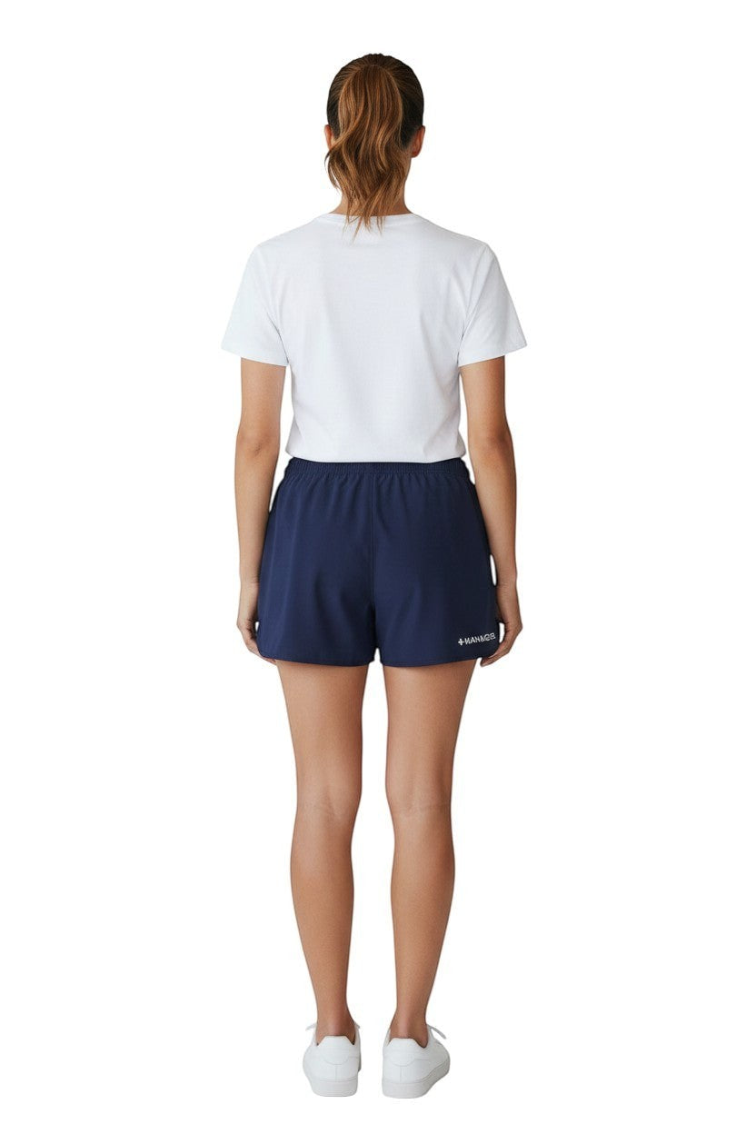 The Lifeguard Store navy blue polyester 5" shorts with drawstring waist and "+ MANAGER" logo on the leg.
