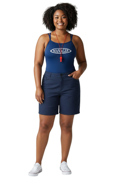 The Lifeguard Store navy blue polyester spandex one-piece swimsuit with white "MANAGER" oval logo on chest. H-back straps.