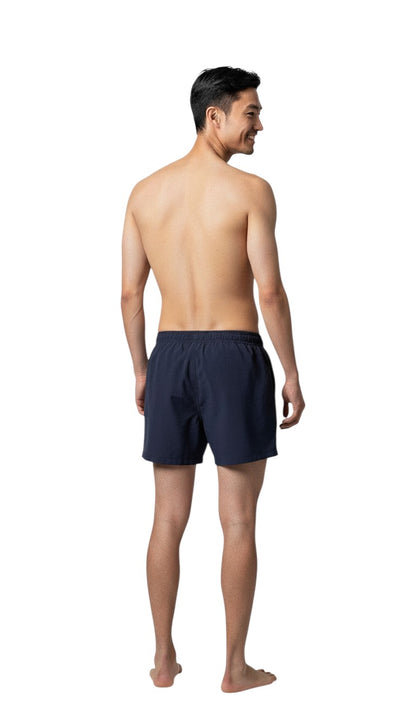 The Lifeguard Store navy blue polyester 5" inseam lifeguard shorts with liner, elastic waistband, and drawstring.