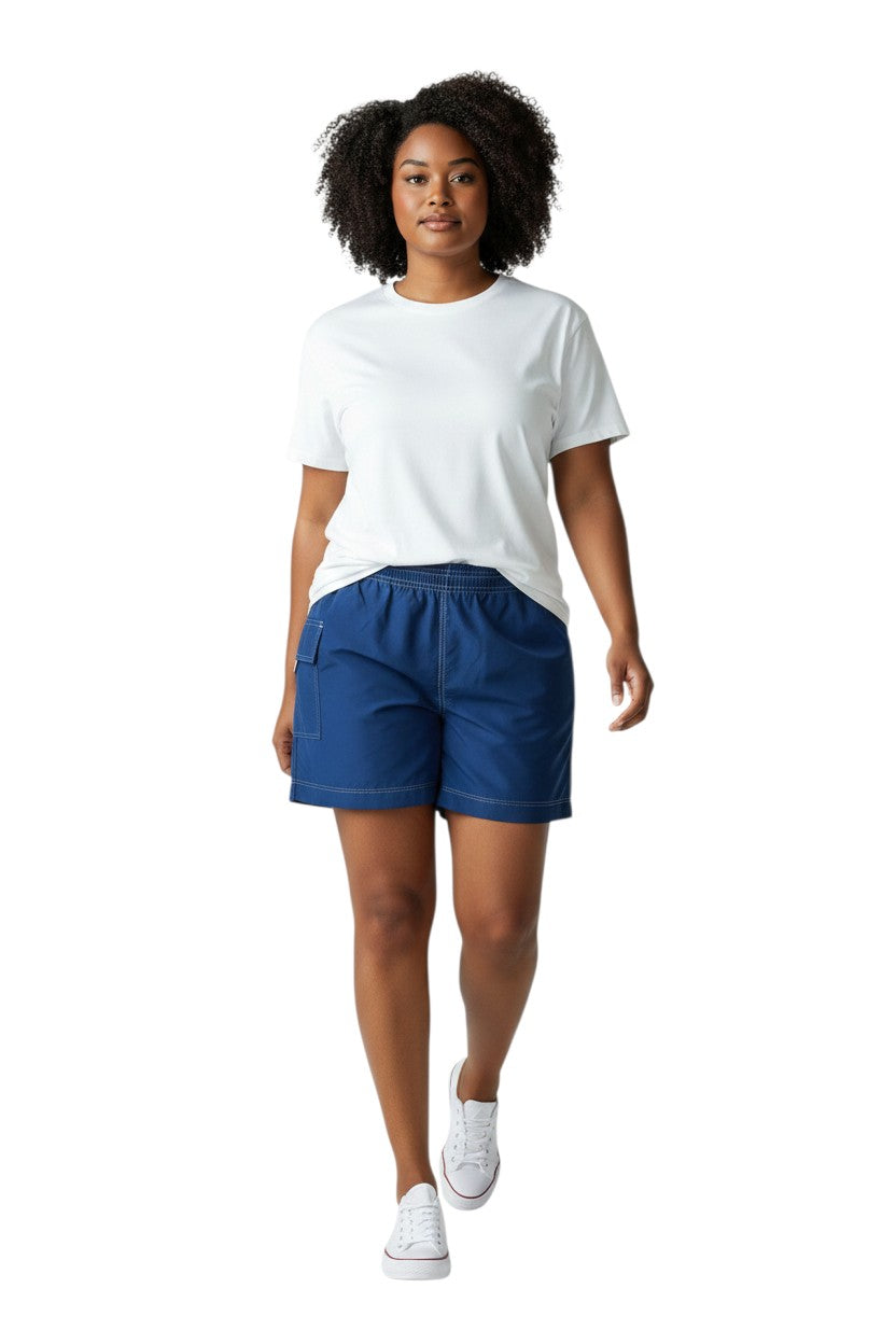 The Lifeguard Store navy blue nylon board shorts with 3" inseam, elastic waistband, drawstring, and side pocket.