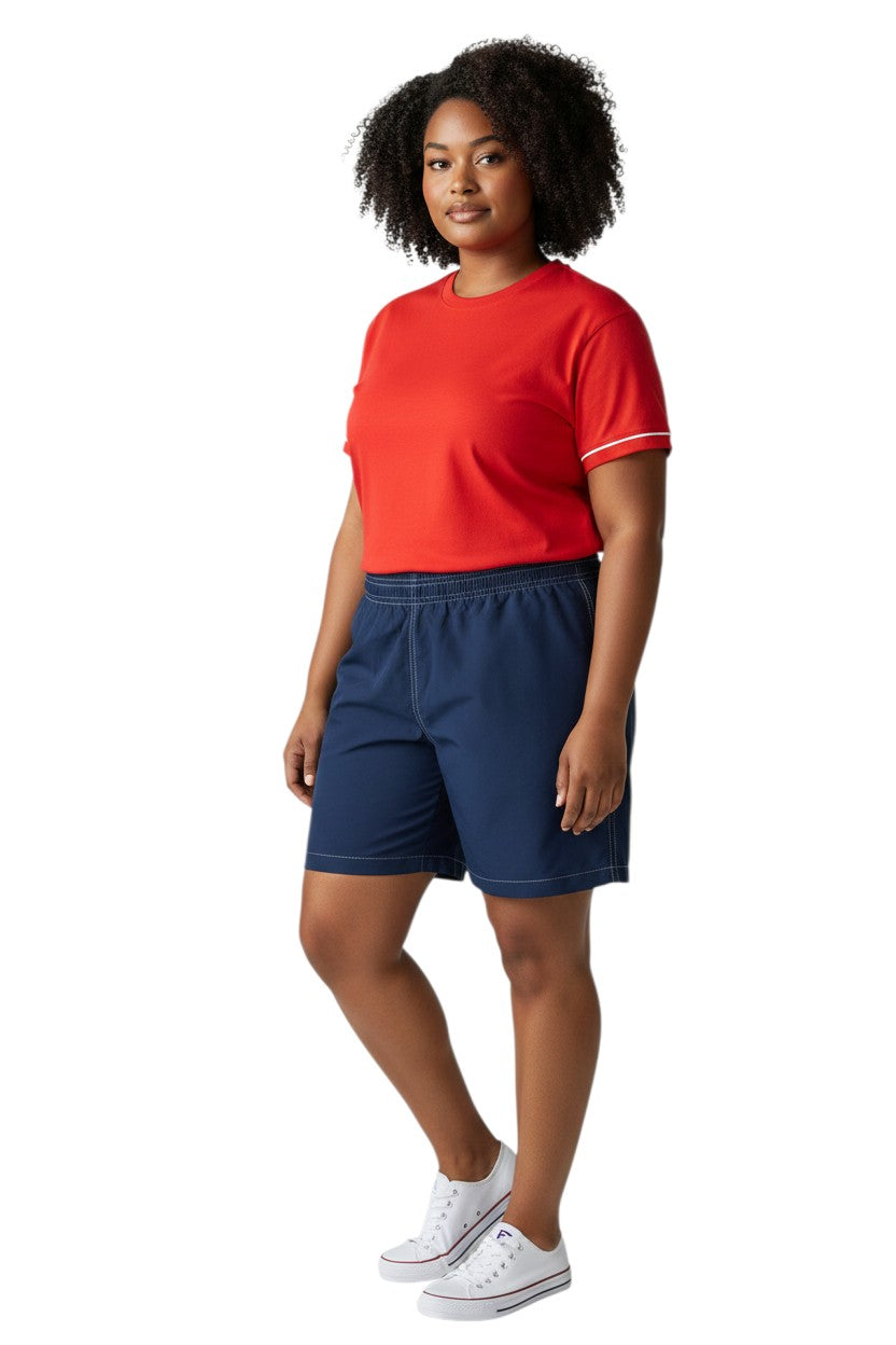 The Lifeguard Store navy blue nylon board shorts with 3" inseam, elastic waistband, drawstring, and side pocket.
