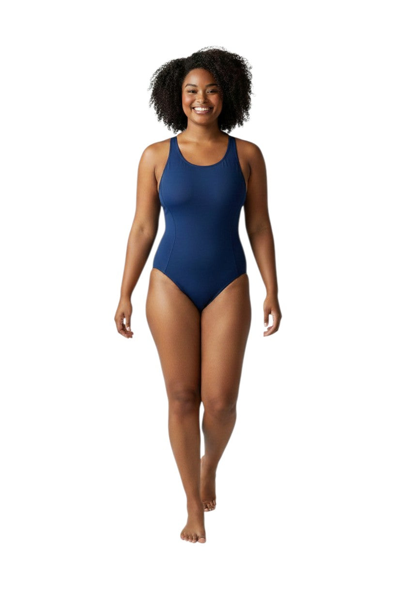 The Lifeguard Store navy blue one-piece swimsuit with shelf bra, made of poly stretch fabric with UPF50+ protection.