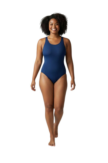 The Lifeguard Store navy blue one-piece swimsuit with shelf bra, made of poly stretch fabric with UPF50+ protection.