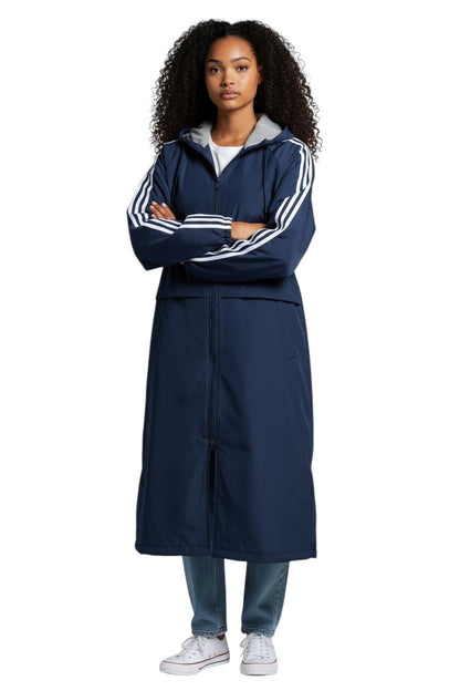 The Lifeguard Store navy blue nylon parka with fleece lining and white stripe accents on sleeves.