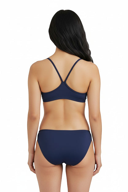 The Lifeguard Store navy blue RISE Guard poly bikini two-piece swimsuit with racerback straps, back view
