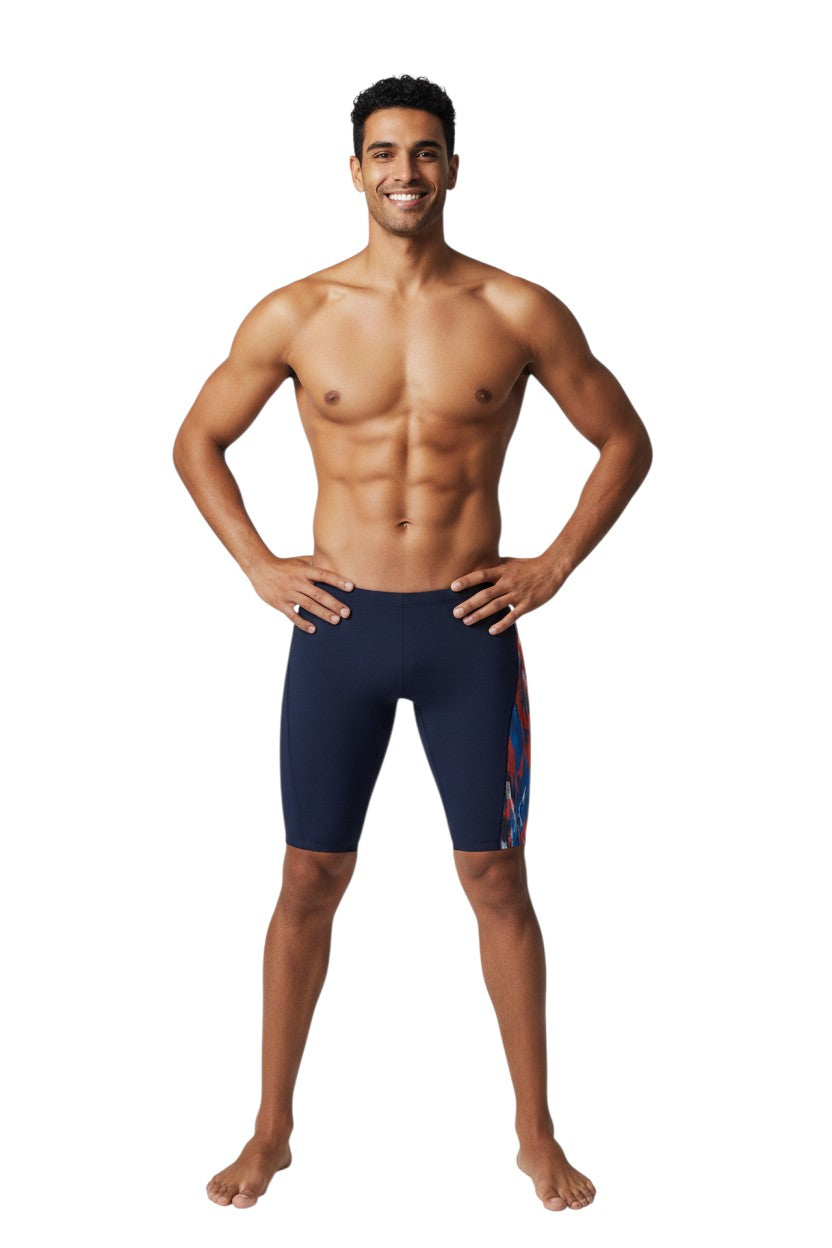 The Lifeguard Store RISE Sandies Shockwave Poly Jammer swimsuit in navy with a colorful abstract side panel. Made of polyester and spandex blend.