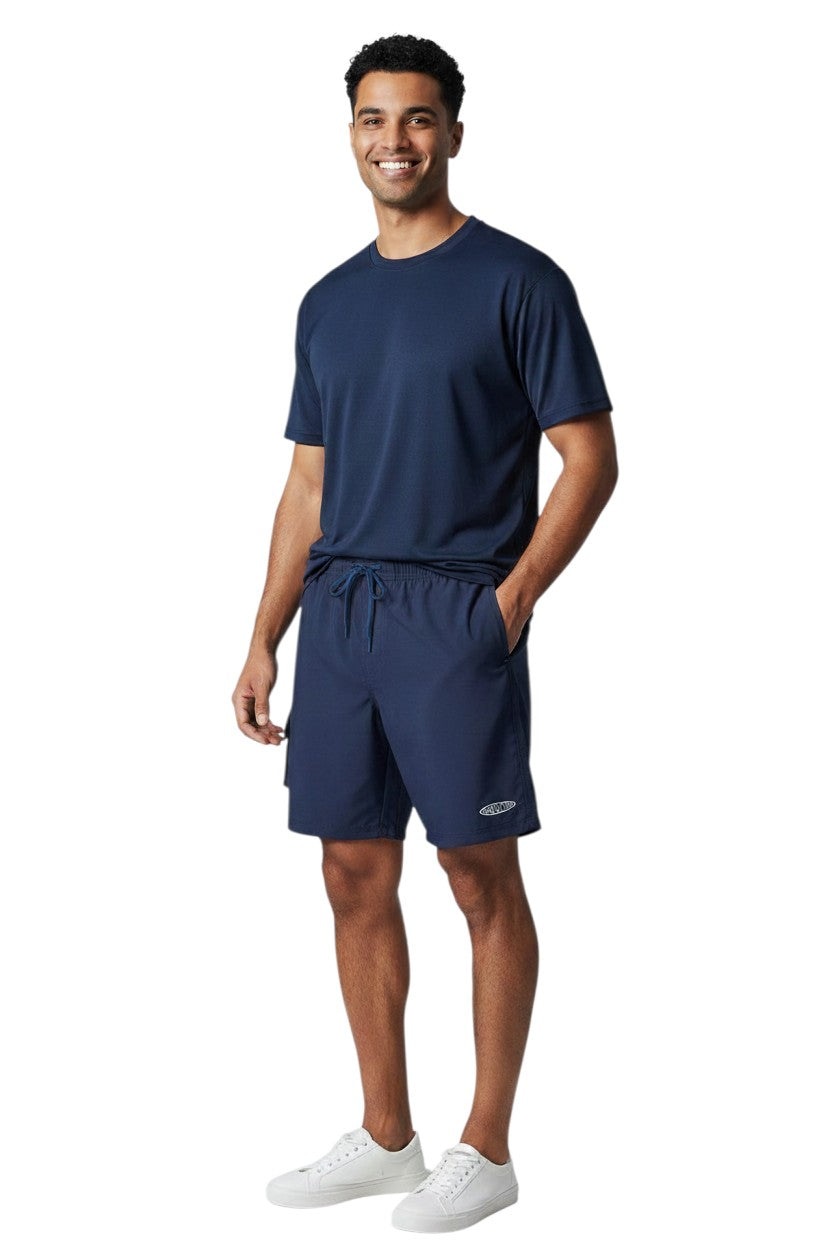 The Lifeguard Store navy blue polyester board shorts with white drawstring and side velcro pocket. Features 7" inseam.