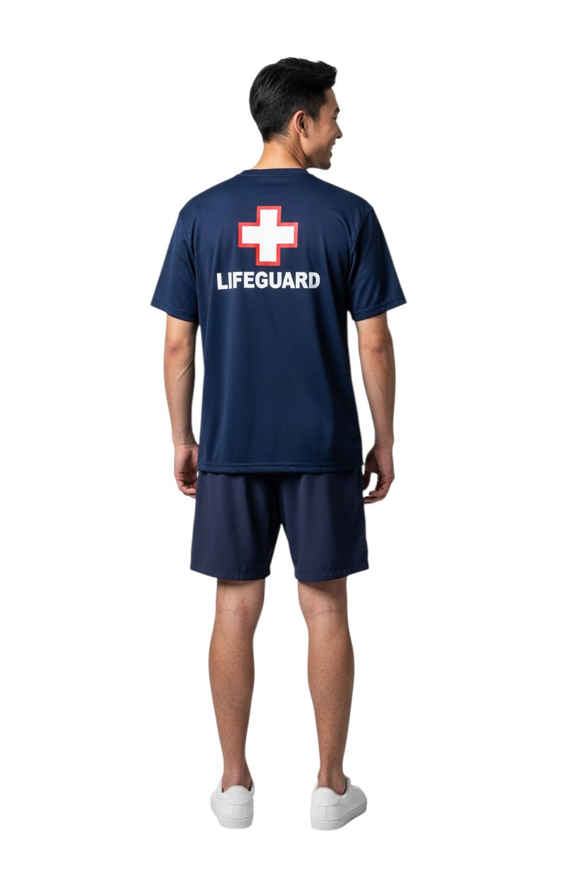The Lifeguard Store navy blue polyester board shorts with elastic waistband and 7" inseam.