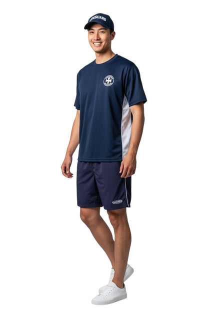 The Lifeguard Store navy blue polyester board shorts with white piping and drawstring waist. Features 7" inseam.
