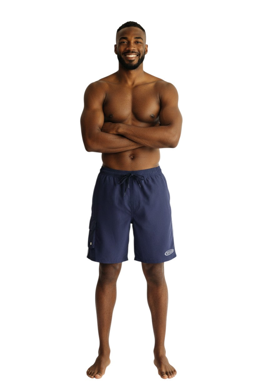 The Lifeguard Store navy blue polyester board shorts with elastic waistband, drawstring, and side cargo pocket. Features 7" inseam.