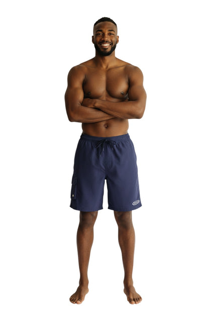 The Lifeguard Store navy blue polyester board shorts with elastic waistband, drawstring, and side cargo pocket. Features 7" inseam.