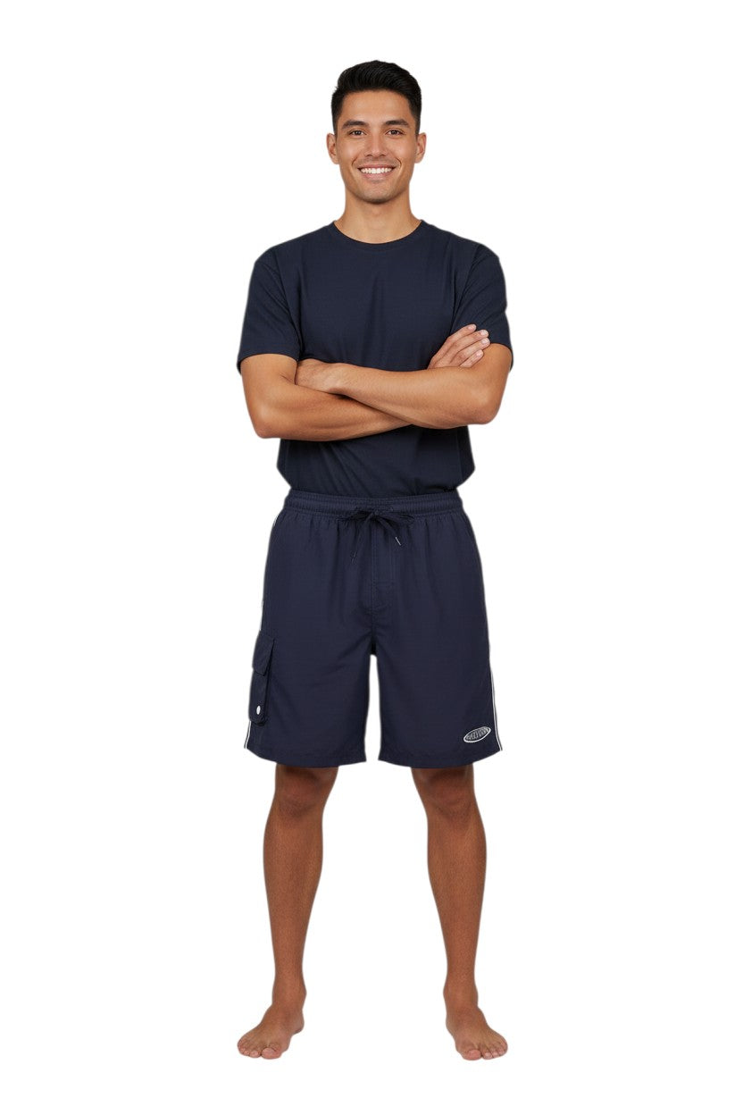 The Lifeguard Store navy blue polyester board shorts with elastic waistband, drawstring, and velcro cargo pocket. Features a Supervisor logo.