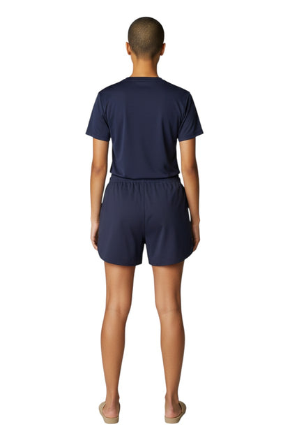 The Lifeguard Store navy blue polyester 5" inseam shorts with elastic waistband and drawstring. Quick-dry fabric.