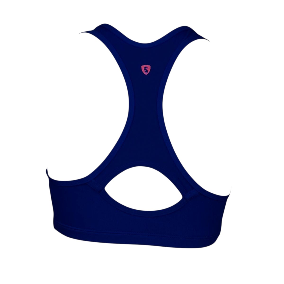 The Lifeguard Store navy blue polyester-spandex racer back top with pink logo.