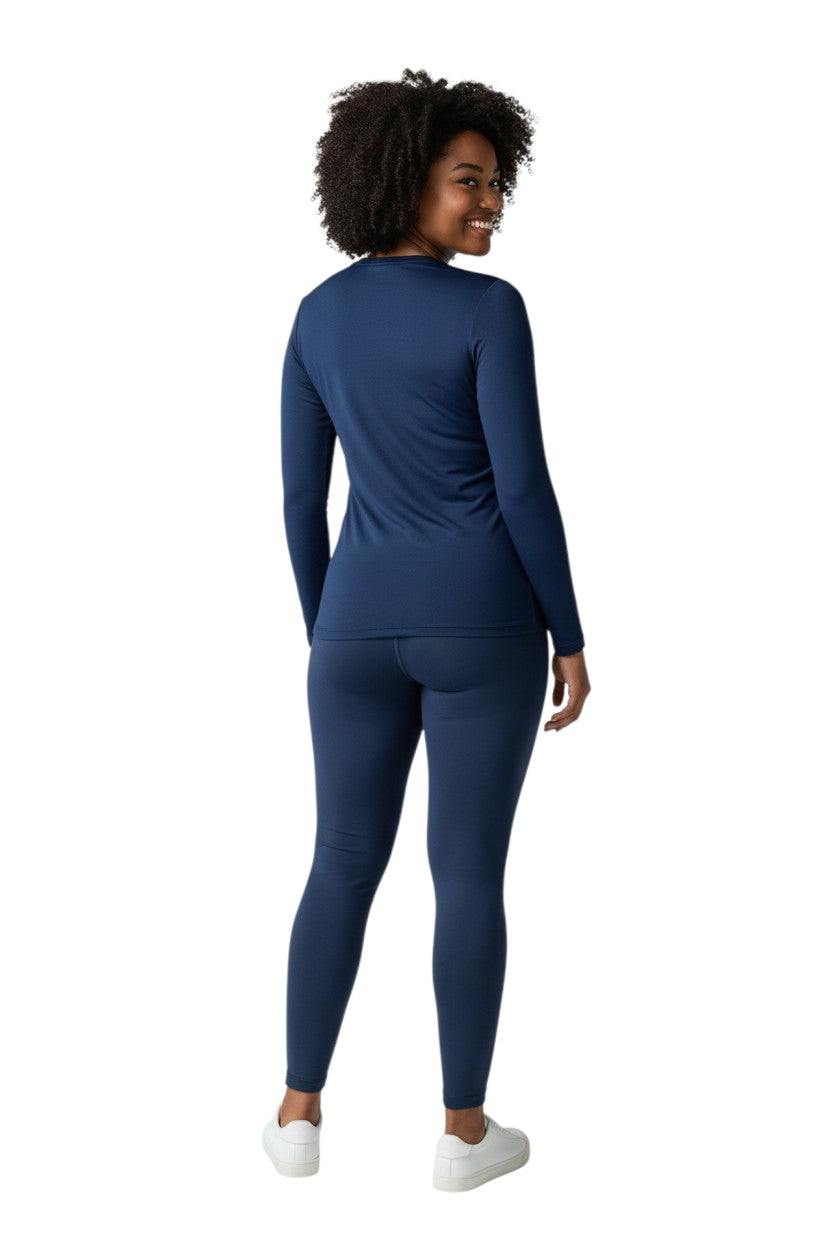 The Lifeguard Store RISE Solid Long Sleeve Crew Neck Rashguard in navy blue, made of polyester and spandex blend with UPF50+ protection.
