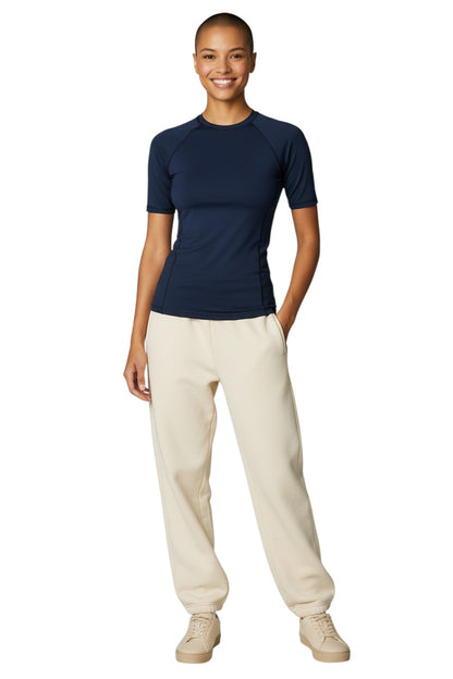 The Lifeguard Store navy blue short sleeve crewneck rashguard made of poly stretch fabric with UPF50+ protection.