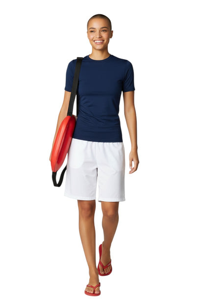 The Lifeguard Store Kiefer navy blue short sleeve crewneck rashguard made of poly stretch fabric with UPF50+ protection.