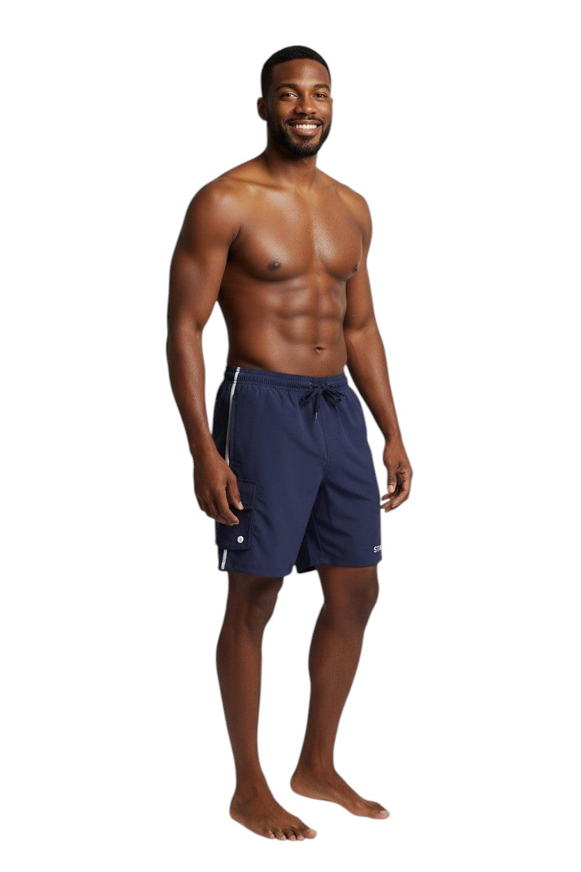 The Lifeguard Store navy blue polyester staff board shorts with elastic waistband, drawstring, and cargo pocket.