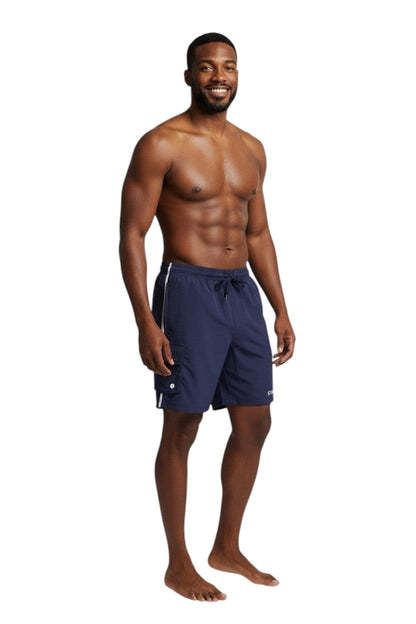 The Lifeguard Store navy blue polyester staff board shorts with elastic waistband, drawstring, and cargo pocket.