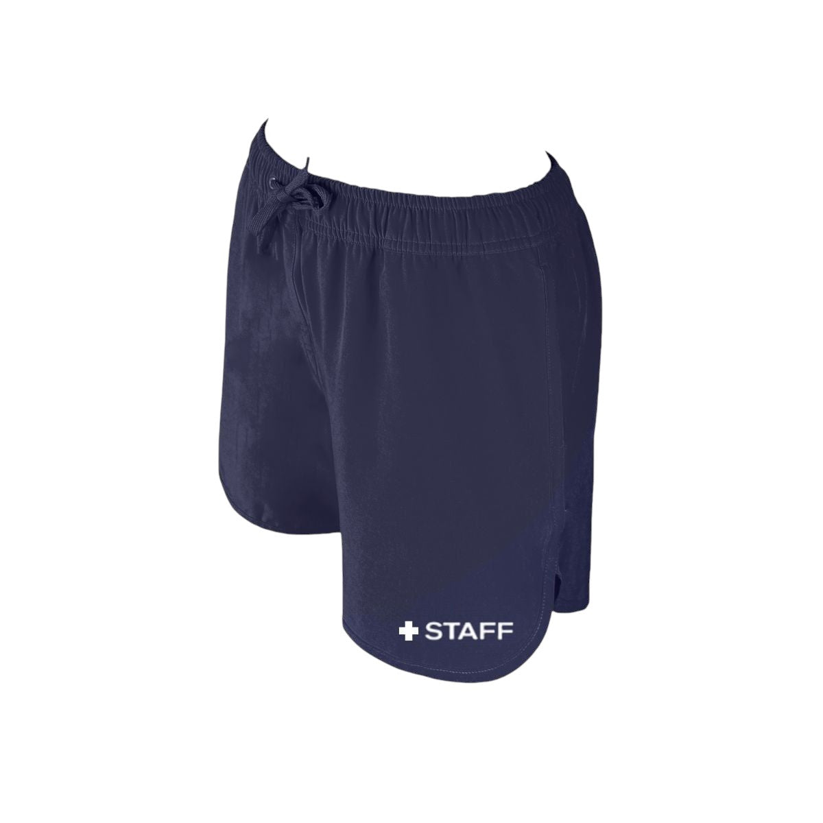 The Lifeguard Store Kiefer Staff navy blue 5-inch inseam polyester shorts with drawstring and "+ STAFF" logo.