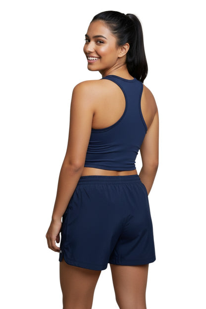 The Lifeguard Store navy blue polyester roll shorts with elastic waistband, drawstring, and "STAFF" print.