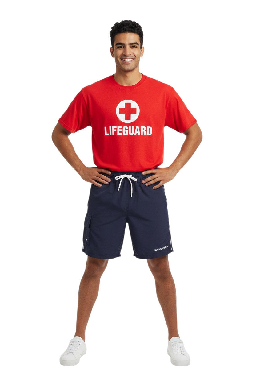 The Lifeguard Store navy blue polyester supervisor board shorts with drawstring, cargo pocket, and UPF30+ protection.