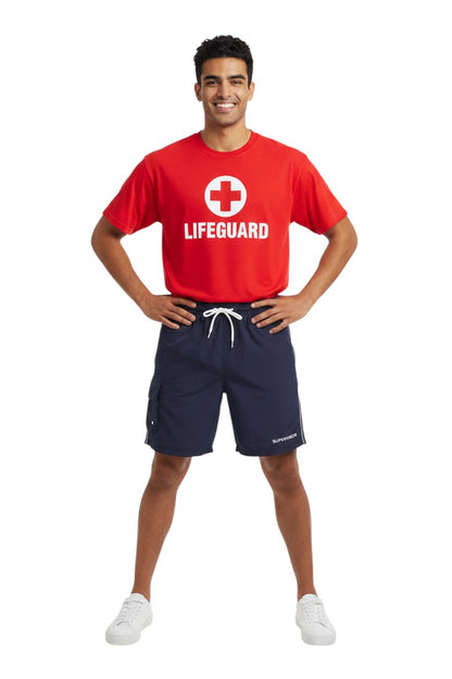 The Lifeguard Store navy blue polyester supervisor board shorts with drawstring, cargo pocket, and UPF30+ protection.