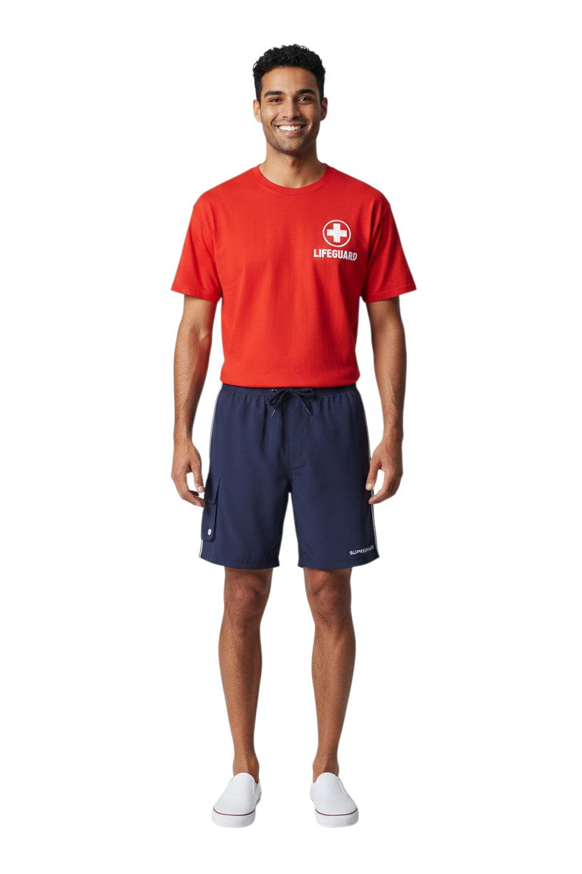 The Lifeguard Store navy blue polyester supervisor board shorts with drawstring and cargo pocket.