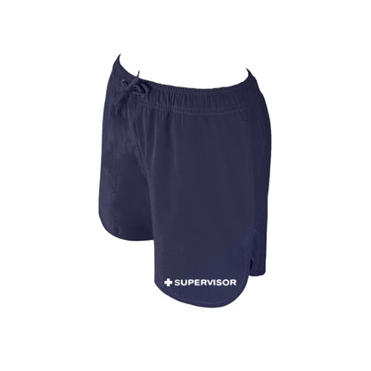 The Lifeguard Store navy blue polyester women's 5" lifeguard shorts with elastic waistband, drawstring, and "SUPERVISOR" graphic.
