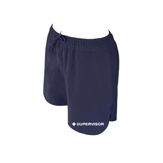 The Lifeguard Store navy blue polyester women's 5" lifeguard shorts with elastic waistband, drawstring, and "SUPERVISOR" graphic.
