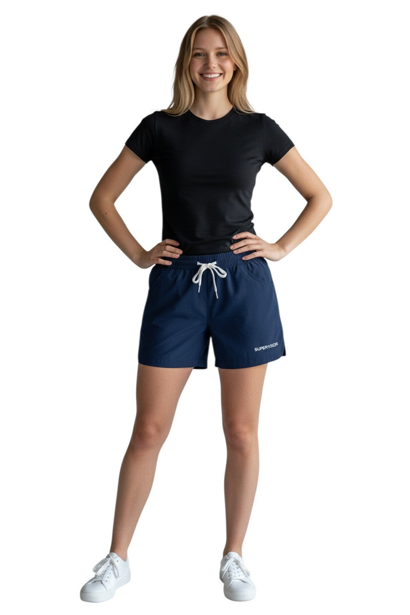 The Lifeguard Store navy blue polyester roll shorts with elastic waistband, drawstring, and "SUPERVISOR" text.