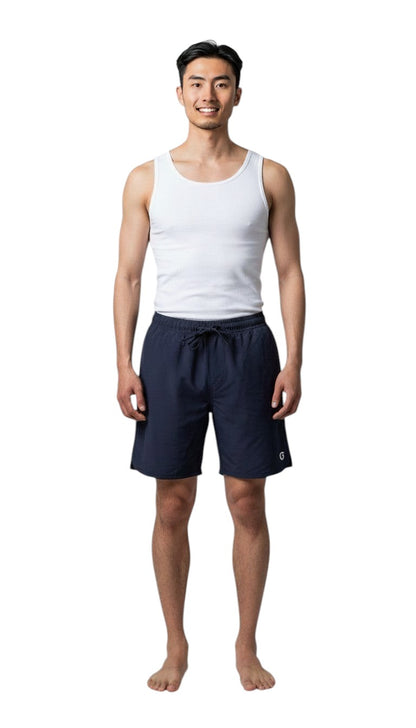 The Lifeguard Store navy blue polyester 5" inseam swim shorts with liner, elastic waistband, drawstring, and UPF30+ protection.