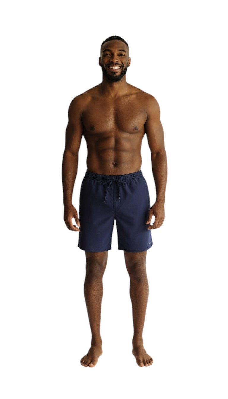 The Lifeguard Store navy blue polyester 5" inseam swim shorts with liner, elastic waistband, drawstring, and pockets.