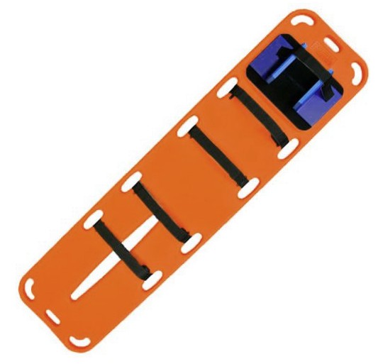 The Lifeguard Store orange HDPE rescue backboard with blue head immobilizer and black straps. Includes customizable buoyancy.