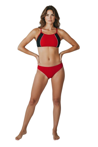 The Lifeguard Store RISE solid red and black athletic two-piece bikini with white piping and flat-locked seams.