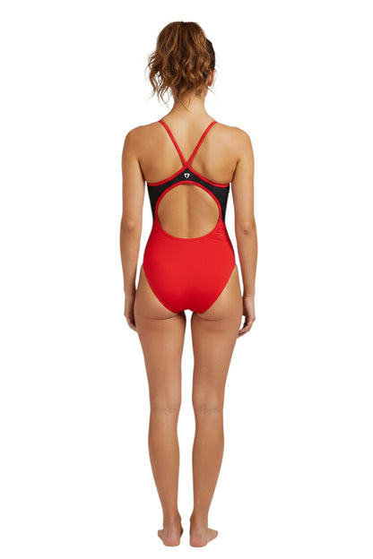 The Lifeguard Store YMCA Kiefer H-Back Splice swimsuit in red and black. Made of 91% polyester and 9% spandex.