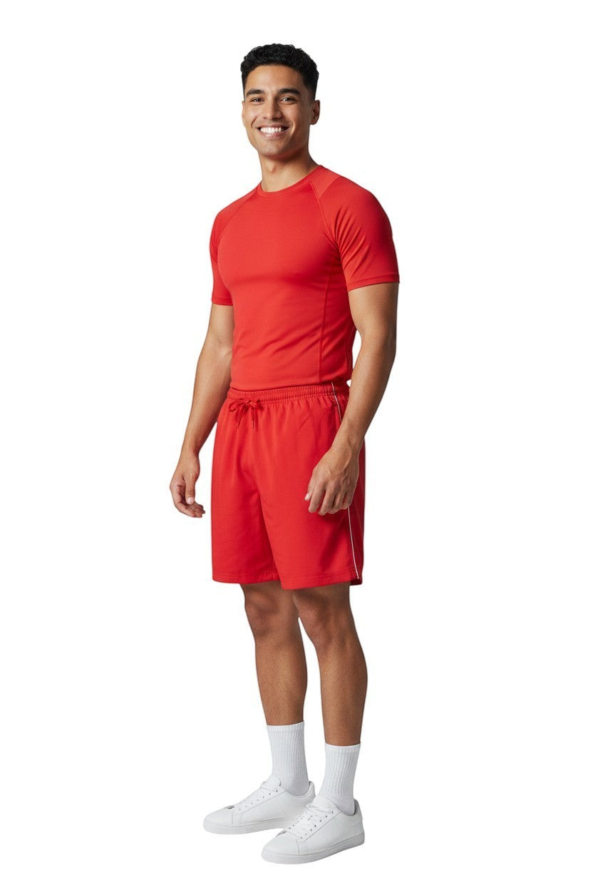 The Lifeguard Store RISE Solid Male Flex Board Short in red with white side stripe, elastic waistband, and drawstring.
